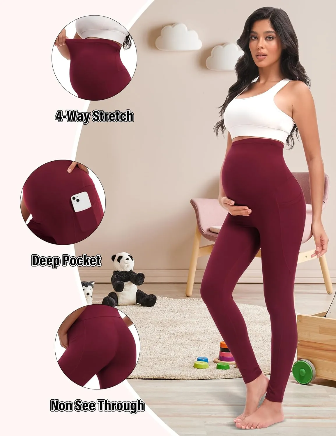 4 Pack Womens Maternity Leggings with Pockets Over The Belly Pregnancy Workout Yoga Pants Activewear