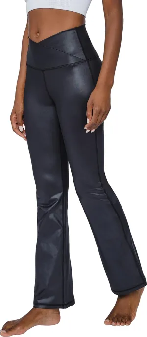 90 Degree By Reflex Faux Leather Flared Leg Yoga Pants - Squat Proof Interlink V-Back Cire Leggings