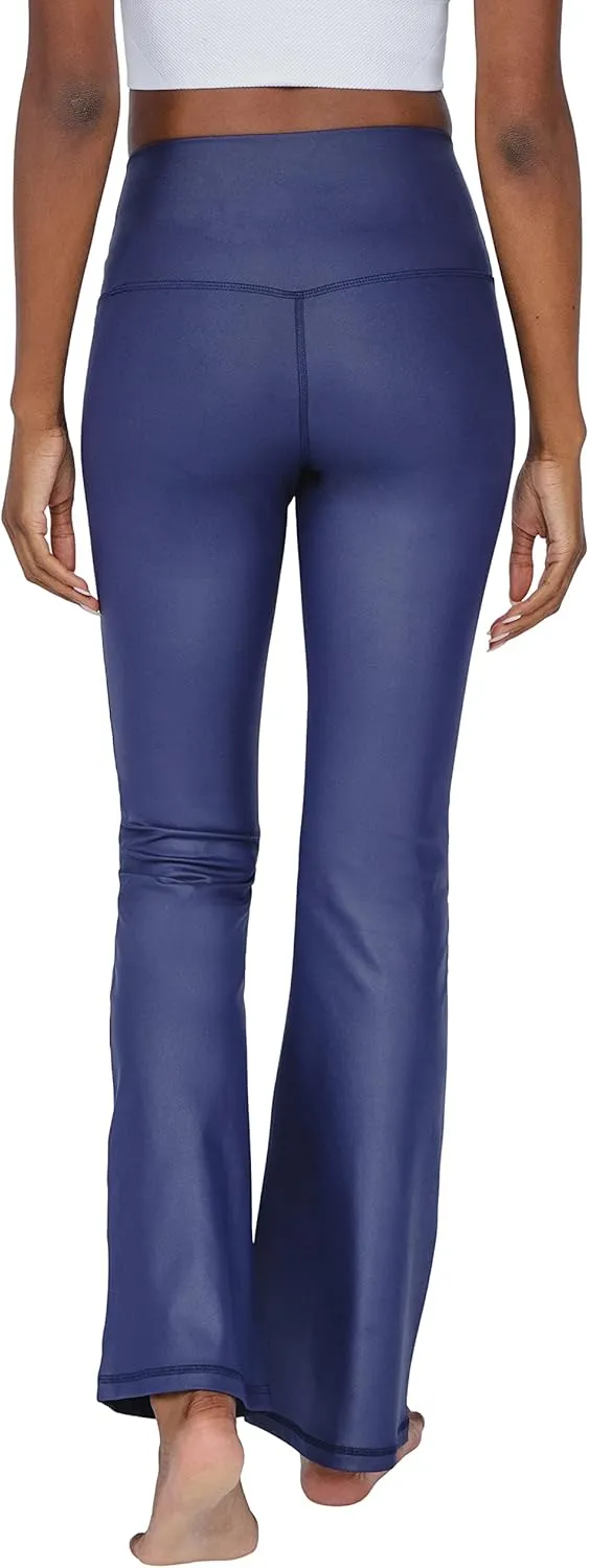 90 Degree By Reflex Faux Leather Flared Leg Yoga Pants - Squat Proof Interlink V-Back Cire Leggings