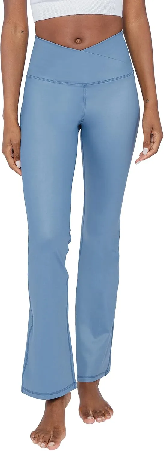 90 Degree By Reflex Faux Leather Flared Leg Yoga Pants - Squat Proof Interlink V-Back Cire Leggings