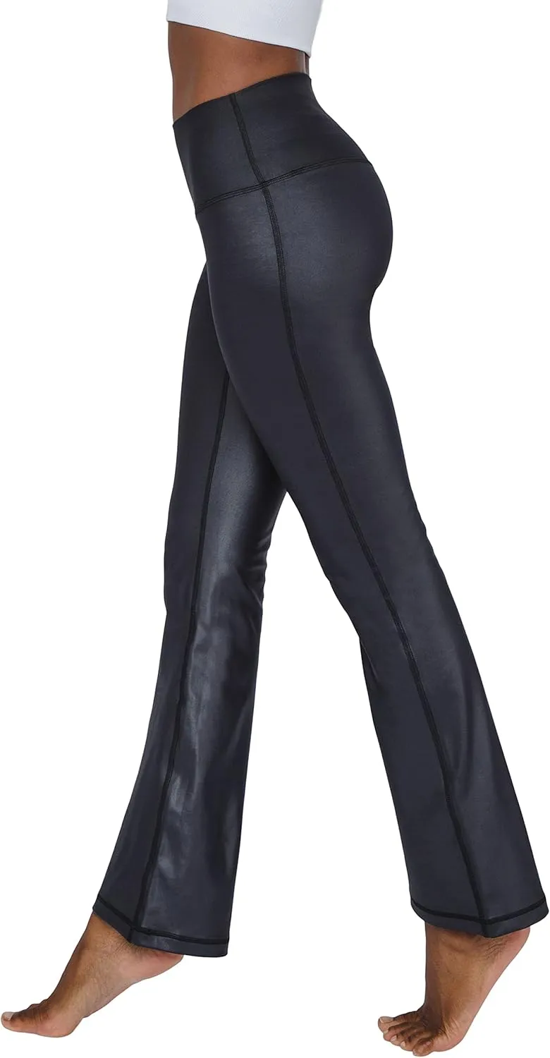 90 Degree By Reflex Faux Leather Flared Leg Yoga Pants - Squat Proof Interlink V-Back Cire Leggings