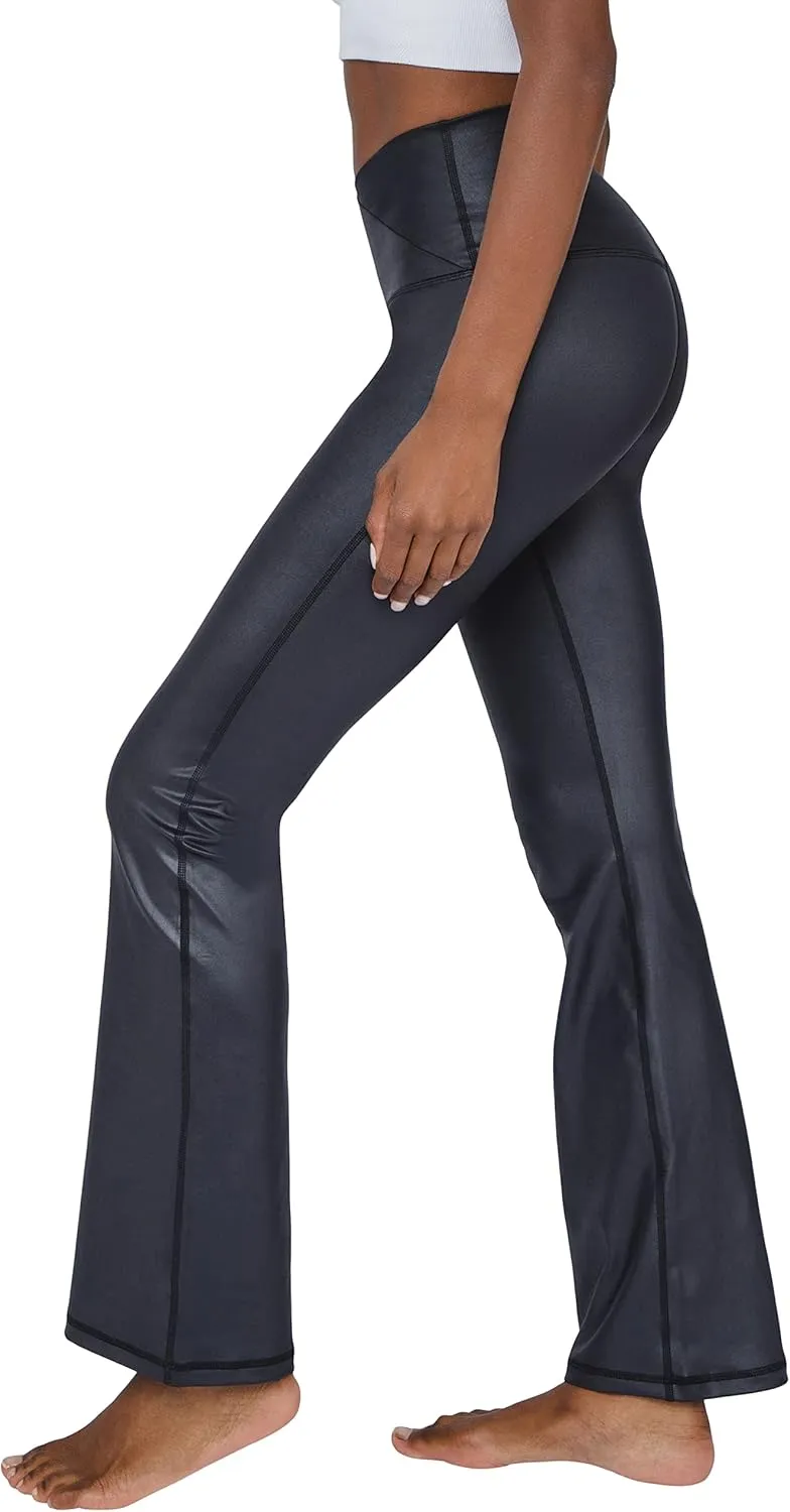 90 Degree By Reflex Faux Leather Flared Leg Yoga Pants - Squat Proof Interlink V-Back Cire Leggings