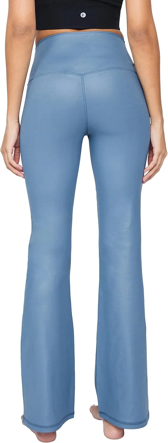 90 Degree By Reflex Faux Leather Flared Leg Yoga Pants - Squat Proof Interlink V-Back Cire Leggings