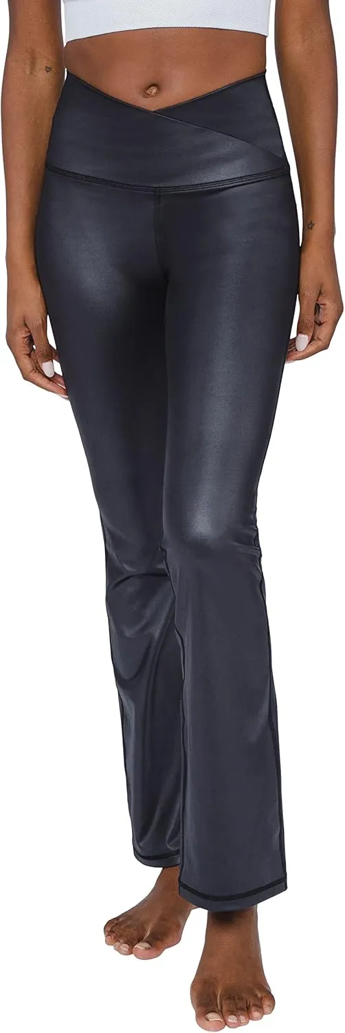 90 Degree By Reflex Faux Leather Flared Leg Yoga Pants - Squat Proof Interlink V-Back Cire Leggings