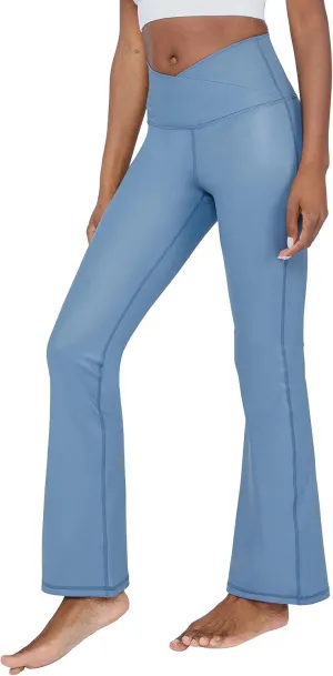 90 Degree By Reflex Faux Leather Flared Leg Yoga Pants - Squat Proof Interlink V-Back Cire Leggings