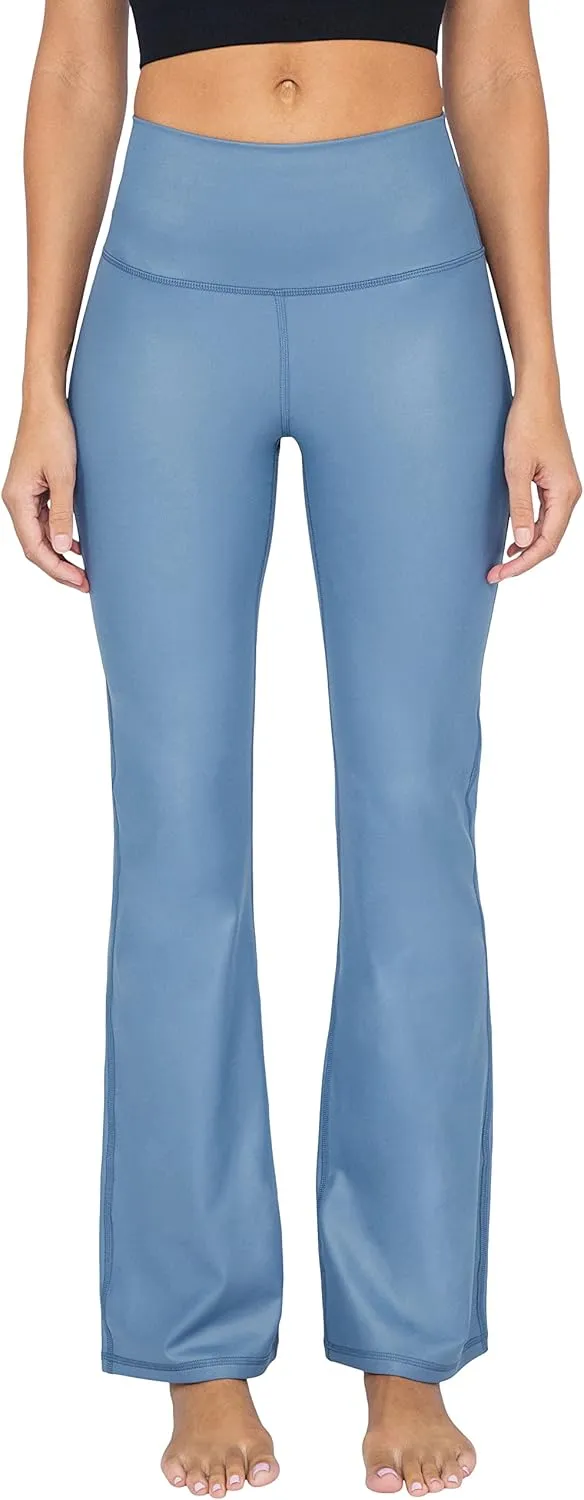 90 Degree By Reflex Faux Leather Flared Leg Yoga Pants - Squat Proof Interlink V-Back Cire Leggings
