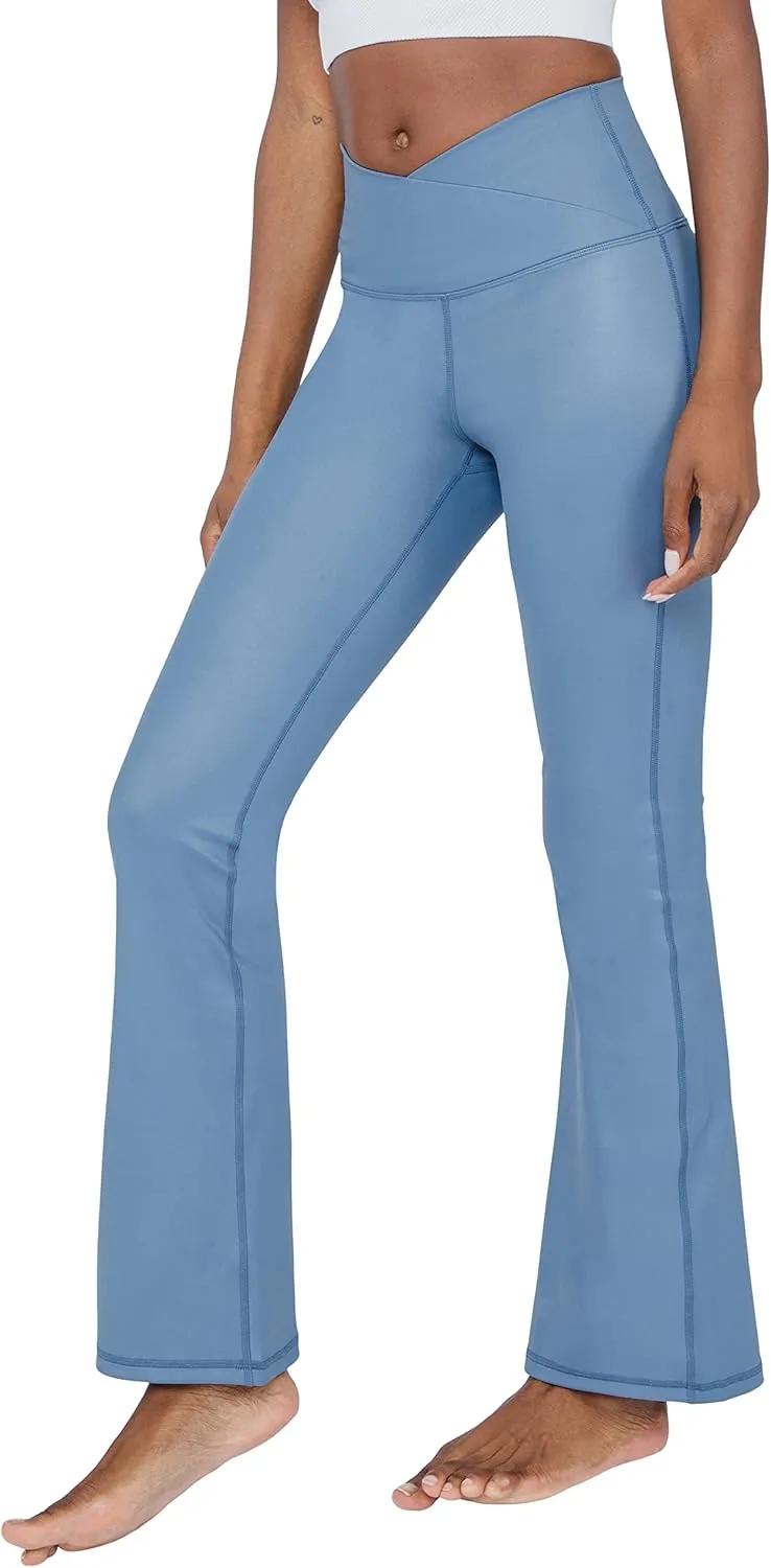 90 Degree By Reflex Faux Leather Flared Leg Yoga Pants - Squat Proof Interlink V-Back Cire Leggings