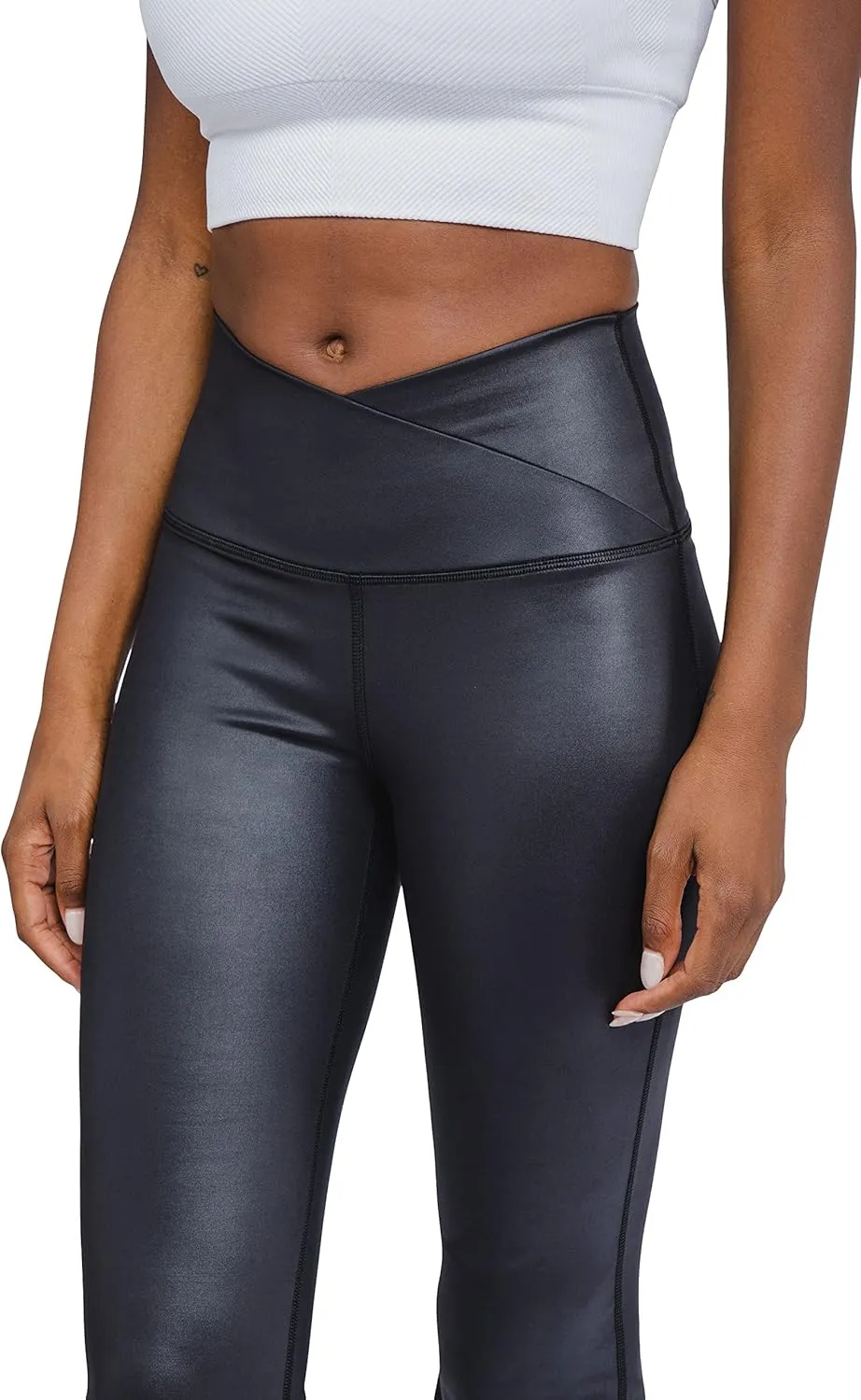 90 Degree By Reflex Faux Leather Flared Leg Yoga Pants - Squat Proof Interlink V-Back Cire Leggings