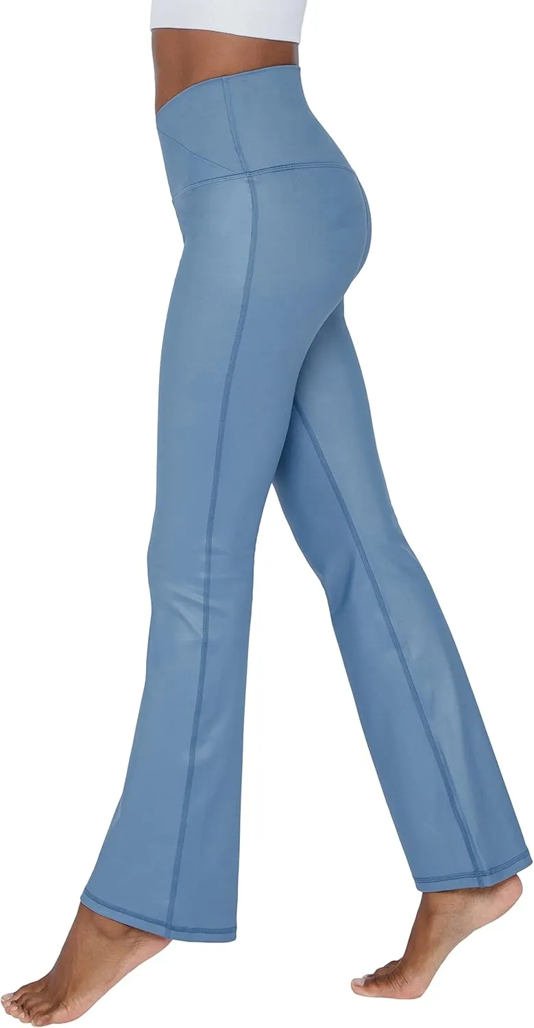 90 Degree By Reflex Faux Leather Flared Leg Yoga Pants - Squat Proof Interlink V-Back Cire Leggings