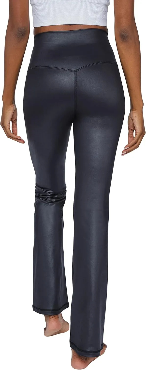 90 Degree By Reflex Faux Leather Flared Leg Yoga Pants - Squat Proof Interlink V-Back Cire Leggings