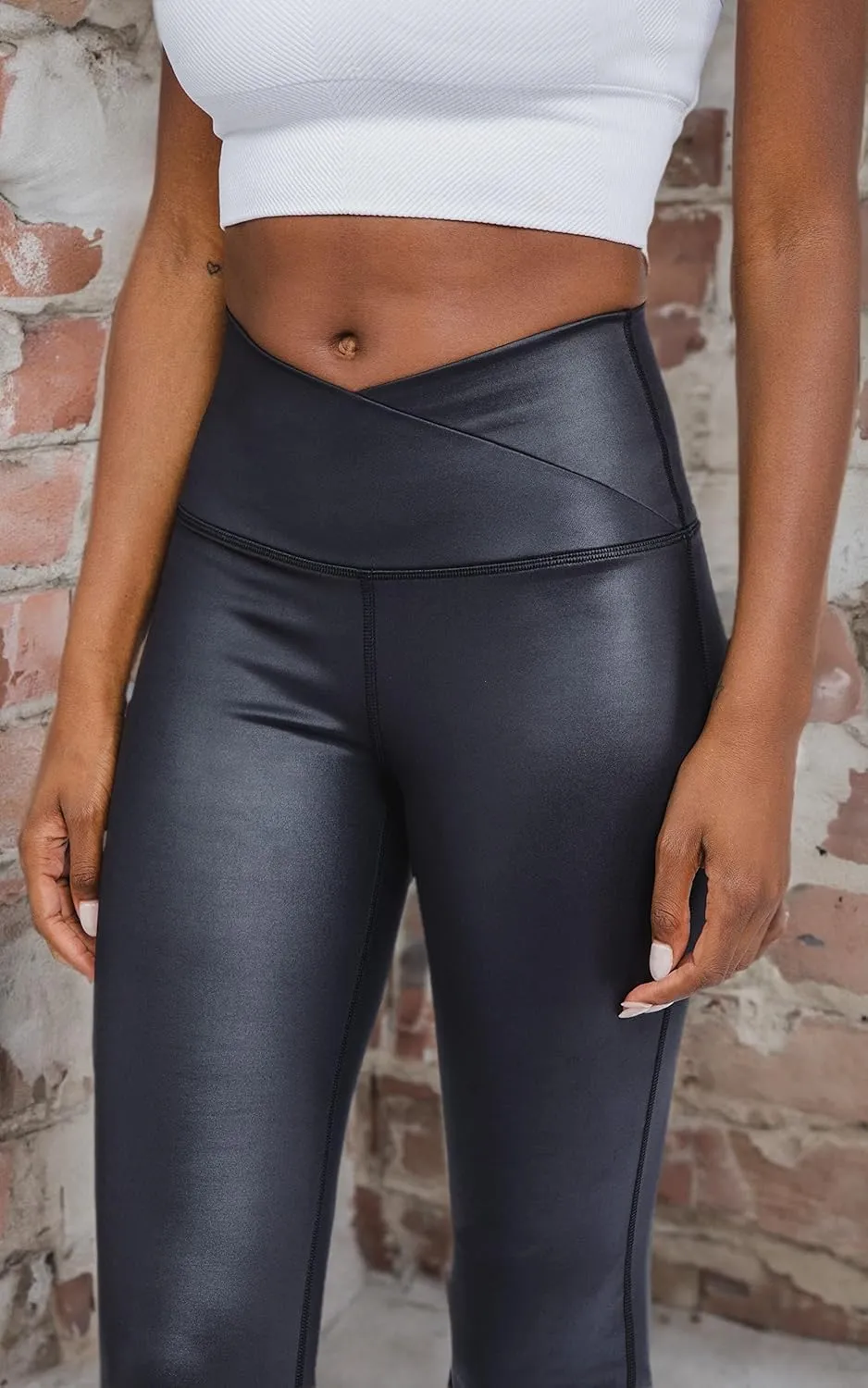 90 Degree By Reflex Faux Leather Flared Leg Yoga Pants - Squat Proof Interlink V-Back Cire Leggings
