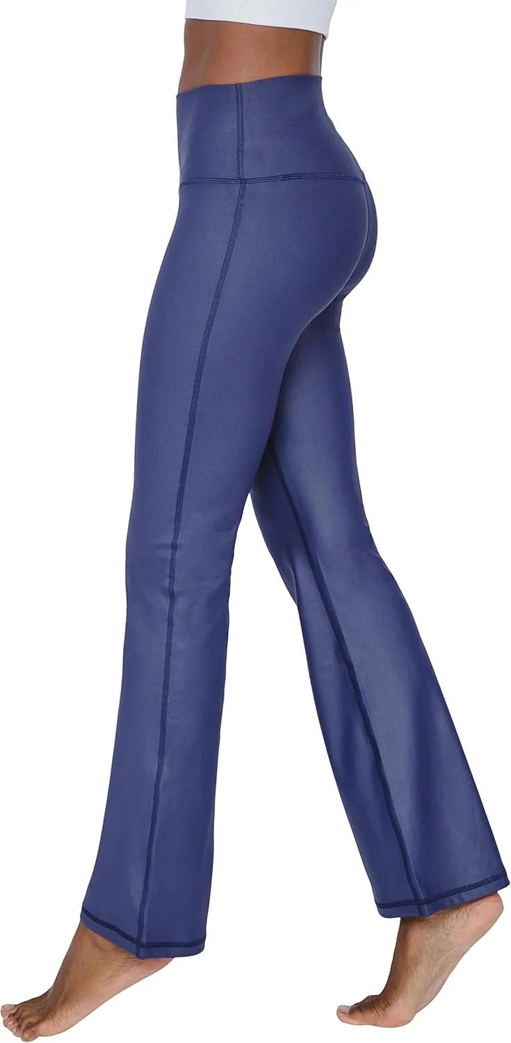 90 Degree By Reflex Faux Leather Flared Leg Yoga Pants - Squat Proof Interlink V-Back Cire Leggings