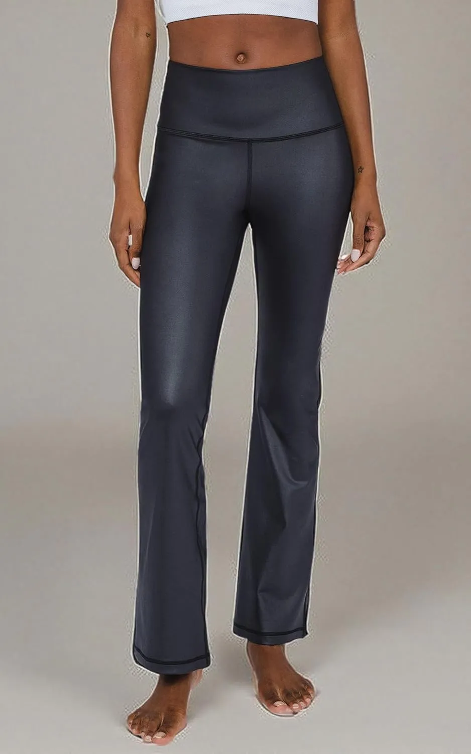 90 Degree By Reflex Faux Leather Flared Leg Yoga Pants - Squat Proof Interlink V-Back Cire Leggings