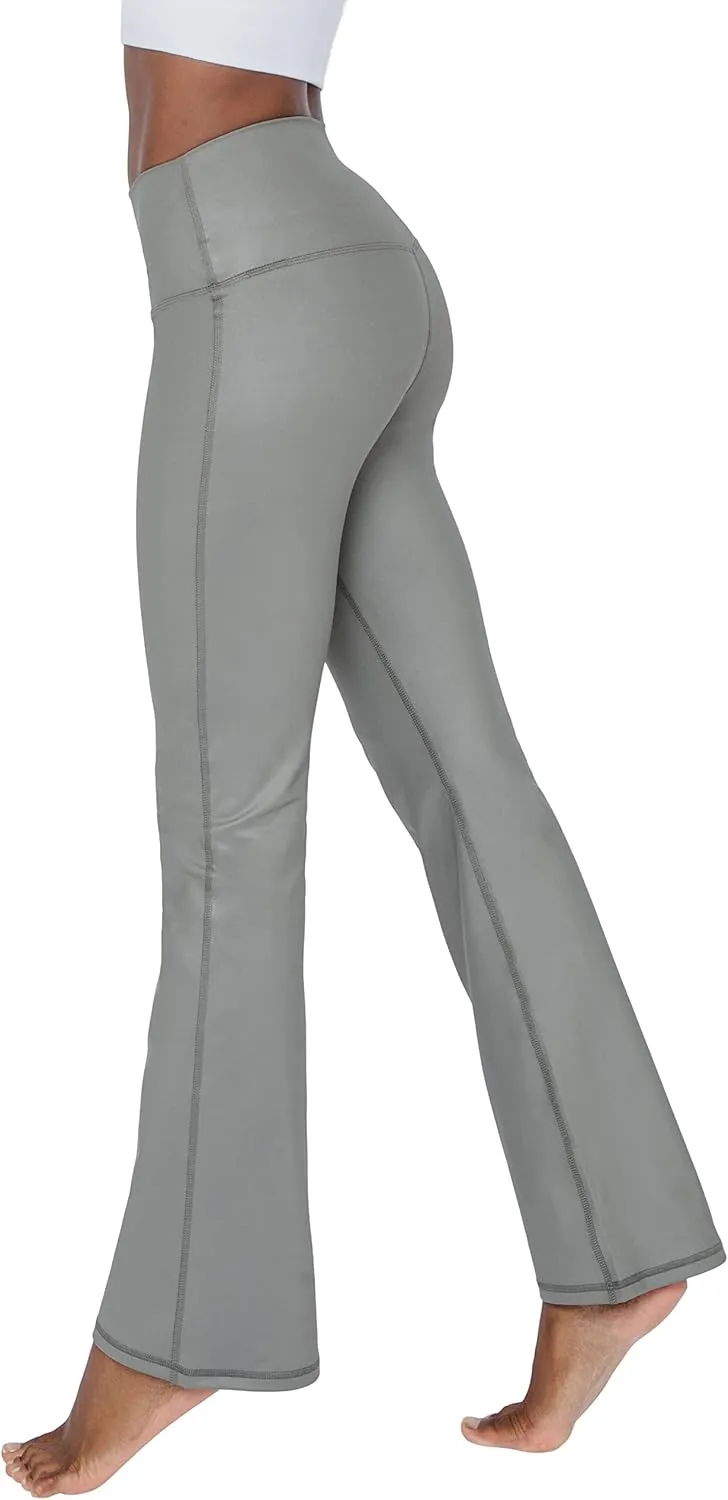 90 Degree By Reflex Faux Leather Flared Leg Yoga Pants - Squat Proof Interlink V-Back Cire Leggings