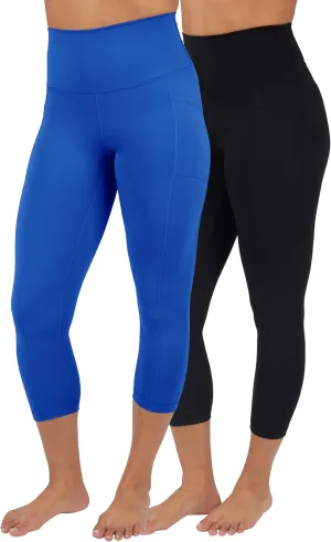 90 Degree By Reflex Womens 2 Pack Interlock Tribeca Elastic Free High Waist Side Pocket Capri and Everyday Capri