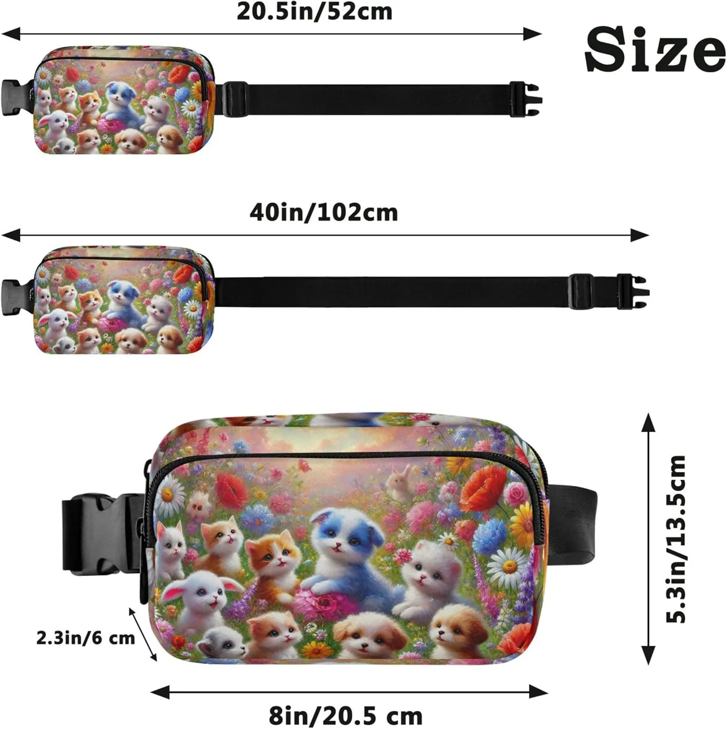 Adorable Puppies Flower Meadow Fanny Packs for Women Pattern Everywhere Belt Bag Waterproof Cross Body Waist Purse