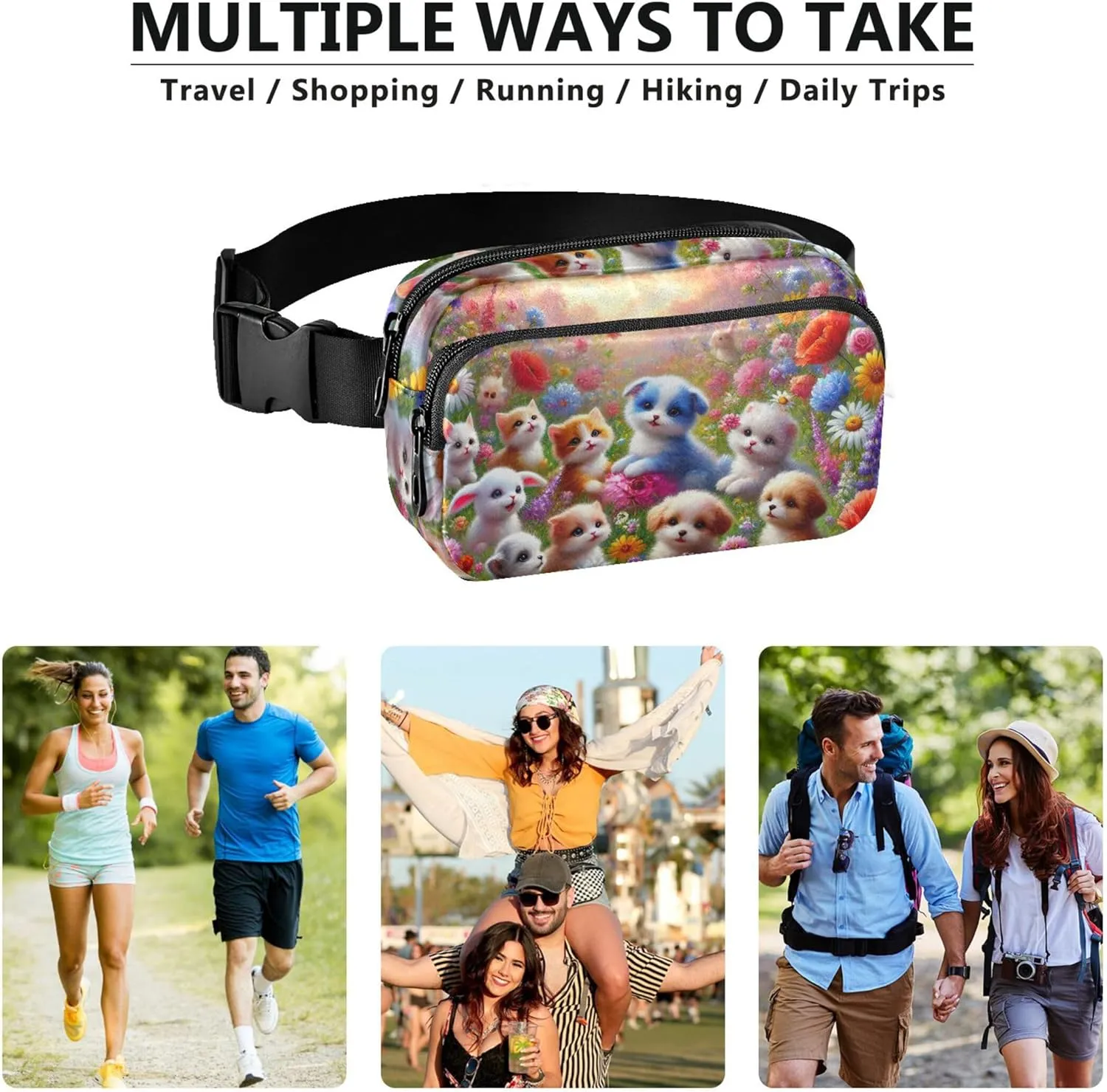 Adorable Puppies Flower Meadow Fanny Packs for Women Pattern Everywhere Belt Bag Waterproof Cross Body Waist Purse