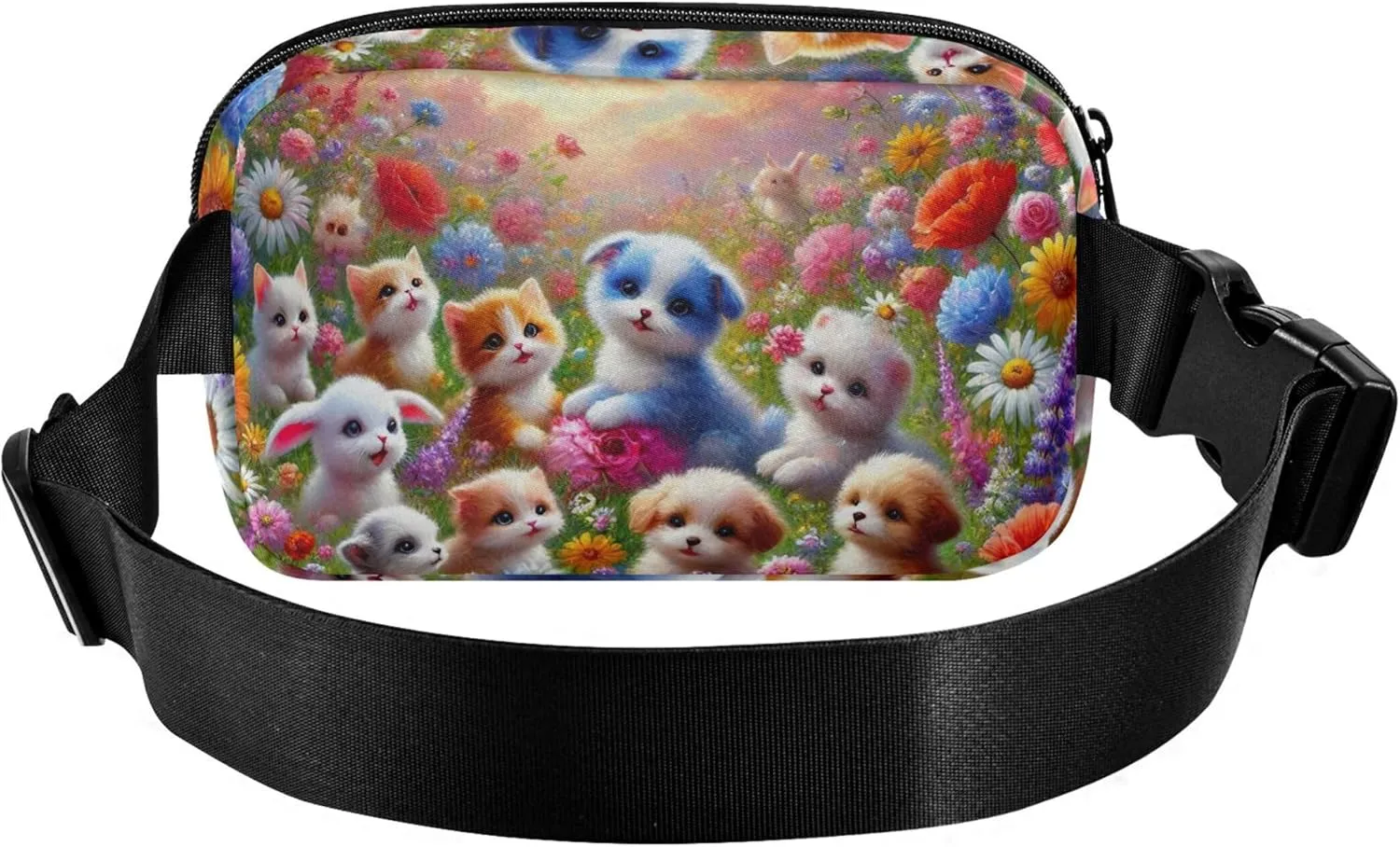 Adorable Puppies Flower Meadow Fanny Packs for Women Pattern Everywhere Belt Bag Waterproof Cross Body Waist Purse