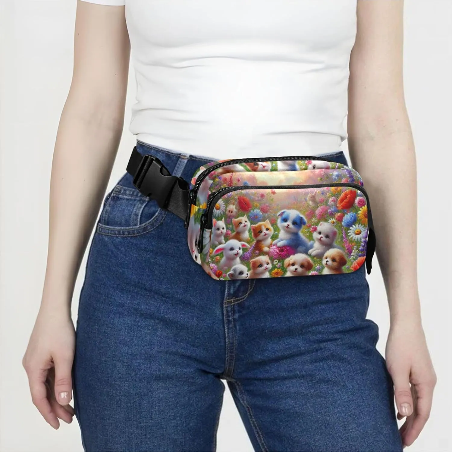 Adorable Puppies Flower Meadow Fanny Packs for Women Pattern Everywhere Belt Bag Waterproof Cross Body Waist Purse