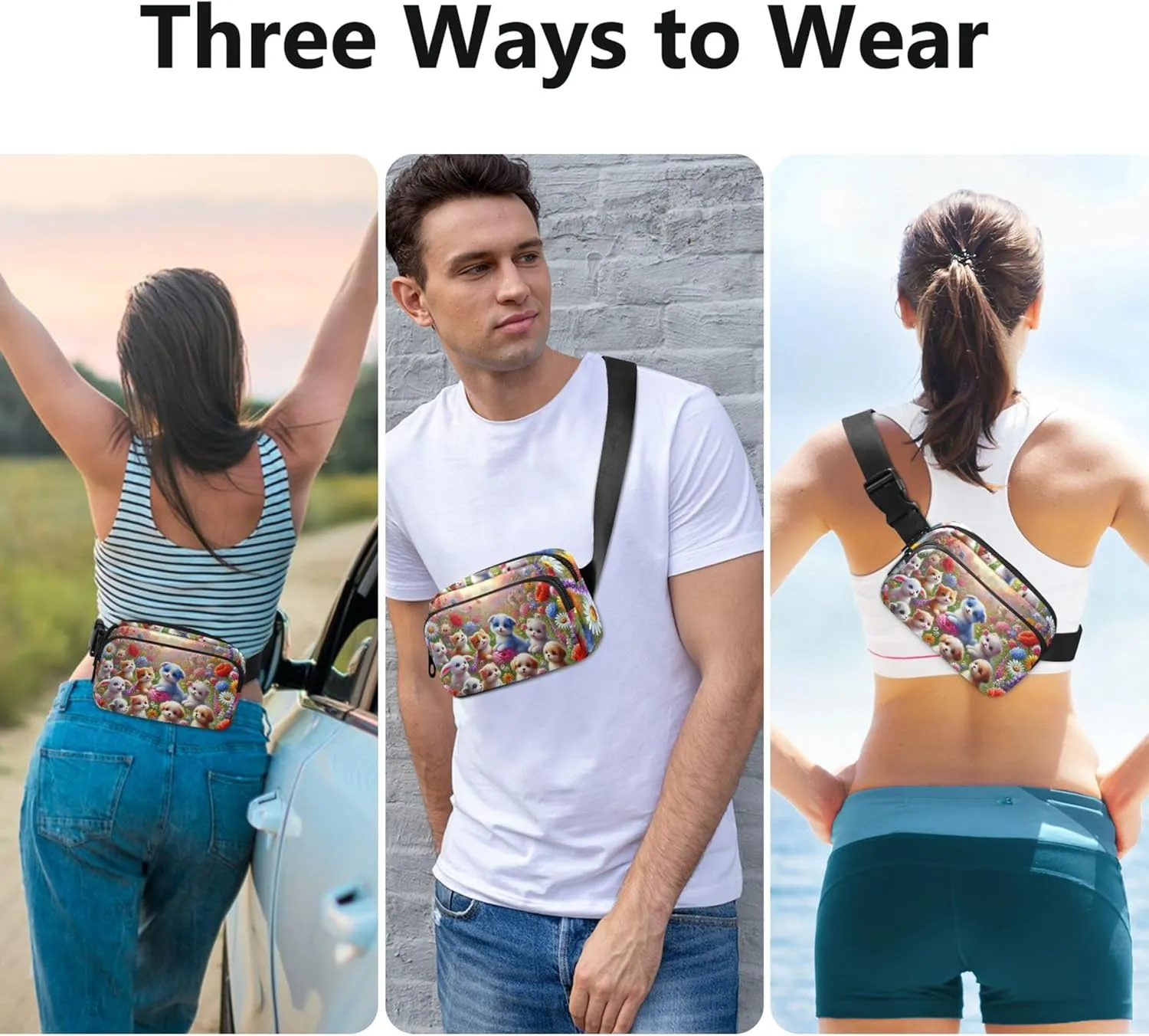 Adorable Puppies Flower Meadow Fanny Packs for Women Pattern Everywhere Belt Bag Waterproof Cross Body Waist Purse