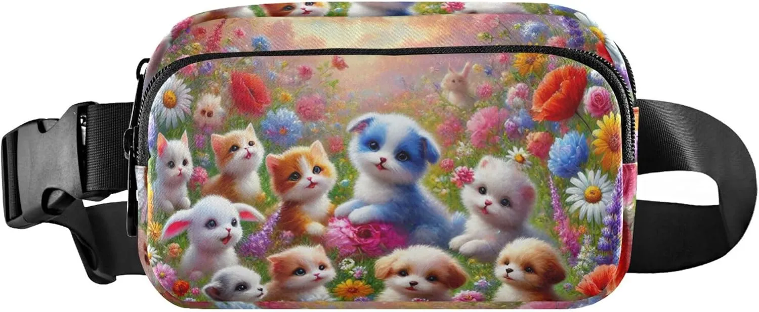 Adorable Puppies Flower Meadow Fanny Packs for Women Pattern Everywhere Belt Bag Waterproof Cross Body Waist Purse