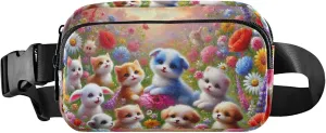 Adorable Puppies Flower Meadow Fanny Packs for Women Pattern Everywhere Belt Bag Waterproof Cross Body Waist Purse