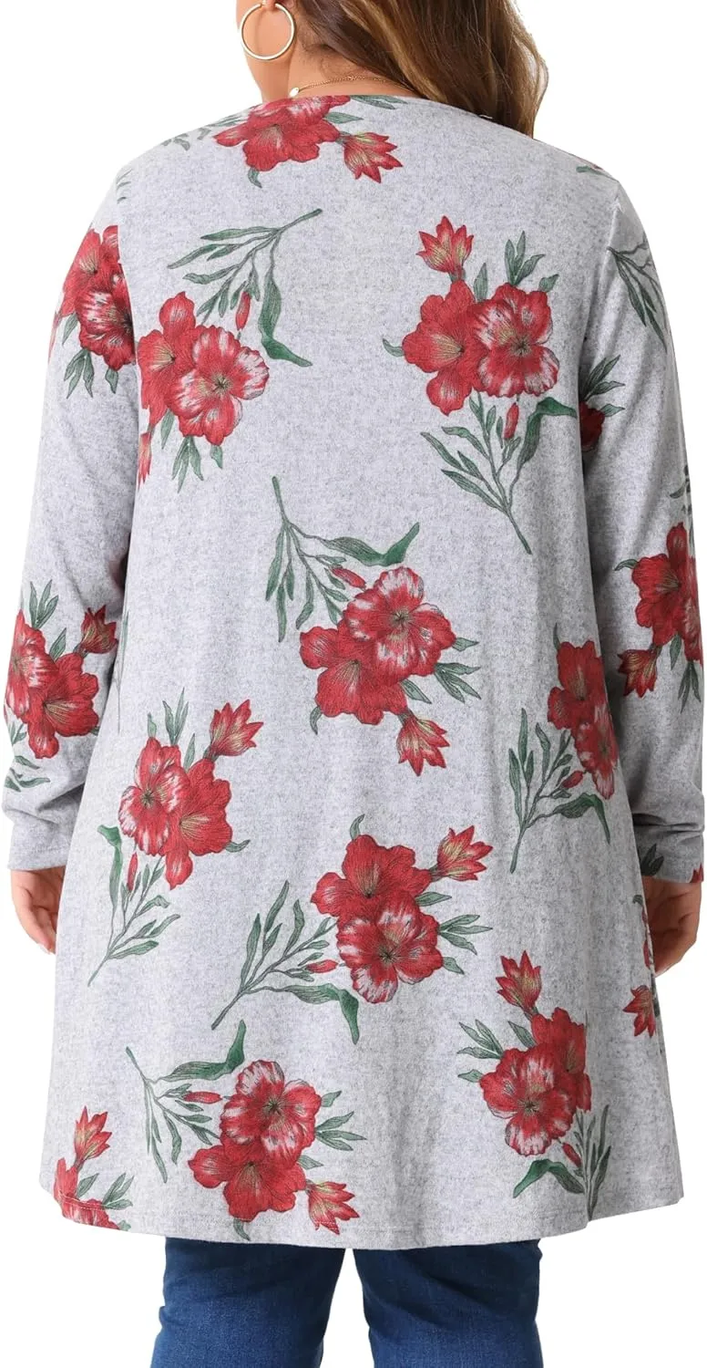 Agnes Orinda Plus Size Cardigan for Women Lightweight Long Sleeve Floral Knit High Low Hem Draped Duster