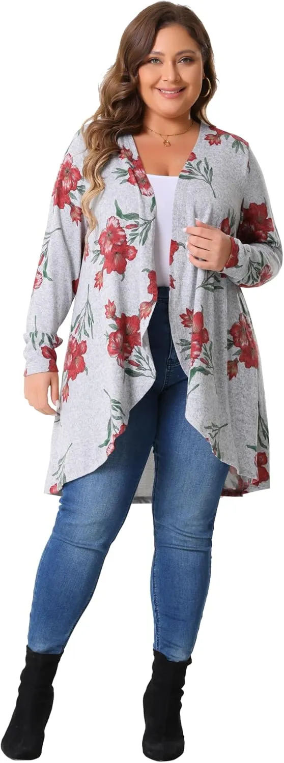 Agnes Orinda Plus Size Cardigan for Women Lightweight Long Sleeve Floral Knit High Low Hem Draped Duster