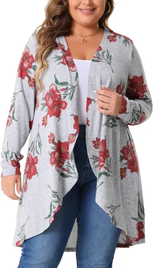 Agnes Orinda Plus Size Cardigan for Women Lightweight Long Sleeve Floral Knit High Low Hem Draped Duster