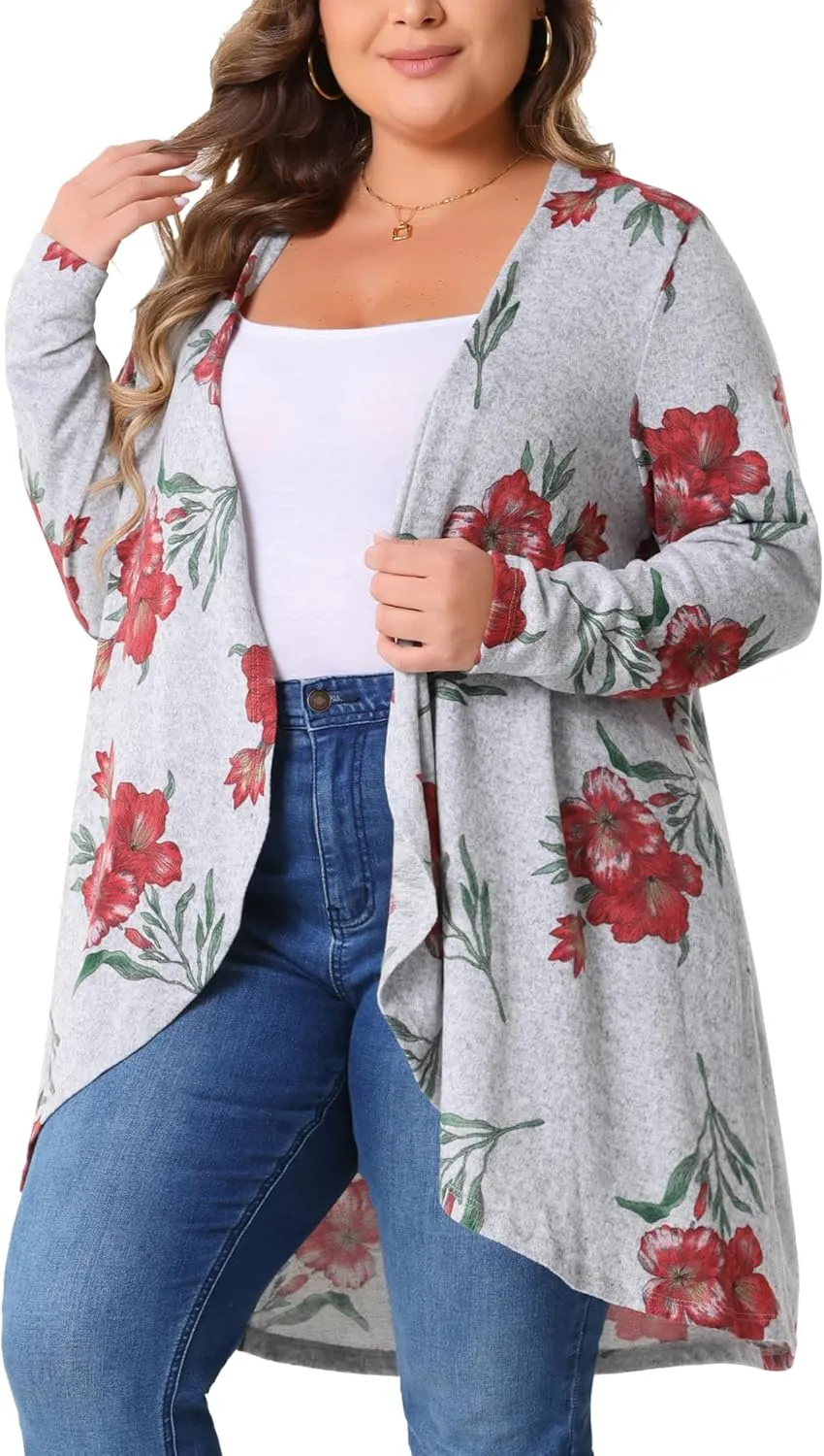 Agnes Orinda Plus Size Cardigan for Women Lightweight Long Sleeve Floral Knit High Low Hem Draped Duster