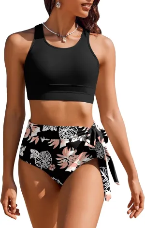 AI'MAGE Womens High Waisted Bikini Set Tummy Control 2 Piece Bathing Suit Modest Racerback Swimsuit 2025 with Tie Side Knot