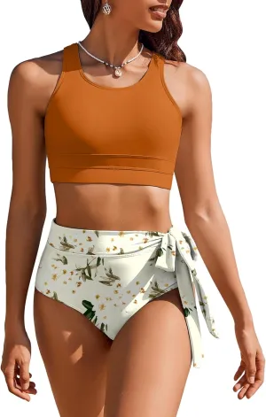 AI'MAGE Womens High Waisted Bikini Set Tummy Control 2 Piece Bathing Suit Modest Racerback Swimsuit 2025 with Tie Side Knot