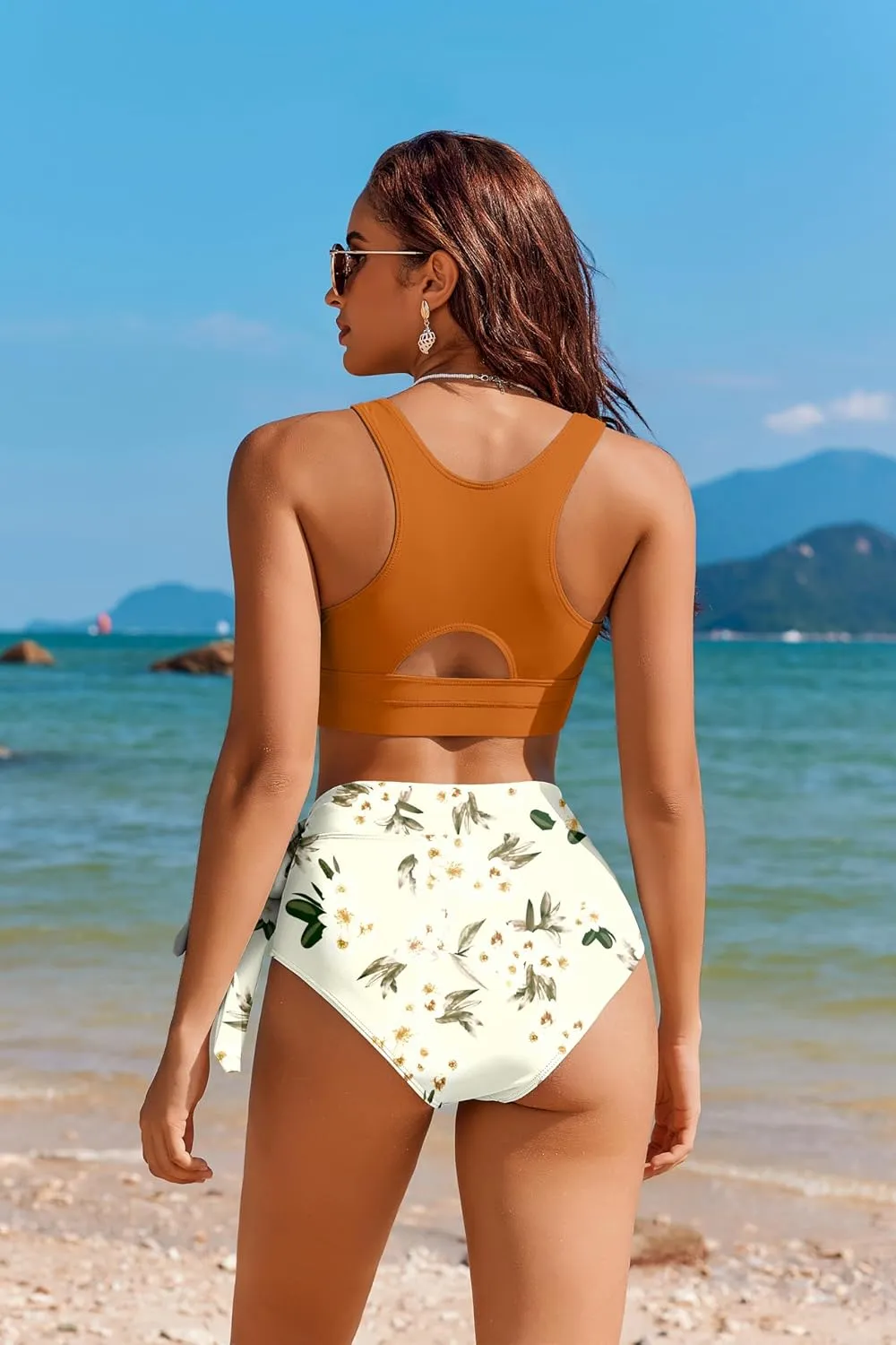 AI'MAGE Womens High Waisted Bikini Set Tummy Control 2 Piece Bathing Suit Modest Racerback Swimsuit 2025 with Tie Side Knot