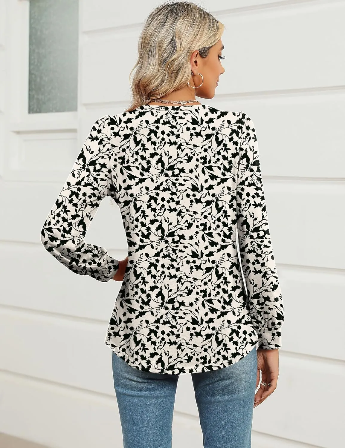 AKEWEI Womens Fall Long Sleeve Tops Work Casual Dressy Shirts for Women Keyhole Pleated Puff Sleeve Blouse
