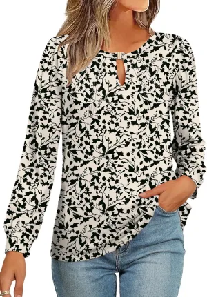 AKEWEI Womens Fall Long Sleeve Tops Work Casual Dressy Shirts for Women Keyhole Pleated Puff Sleeve Blouse