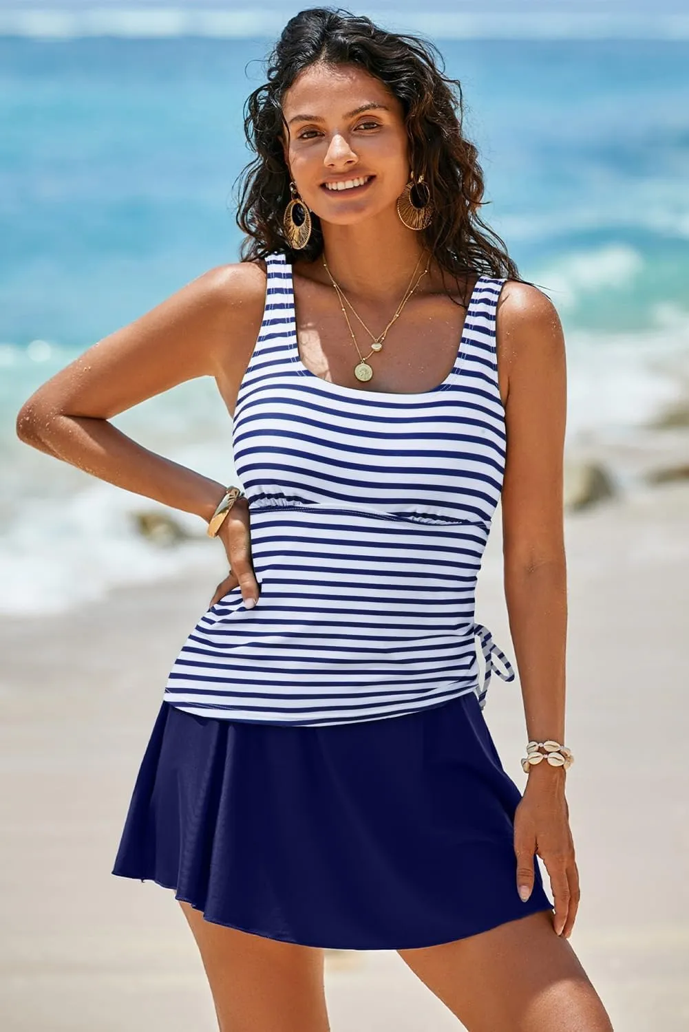 Aleumdr Tankini Swimsuits for Women Swim Dress Two Piece Bathing Suit Square Neck Drawstring Tankini Tops with Skirt