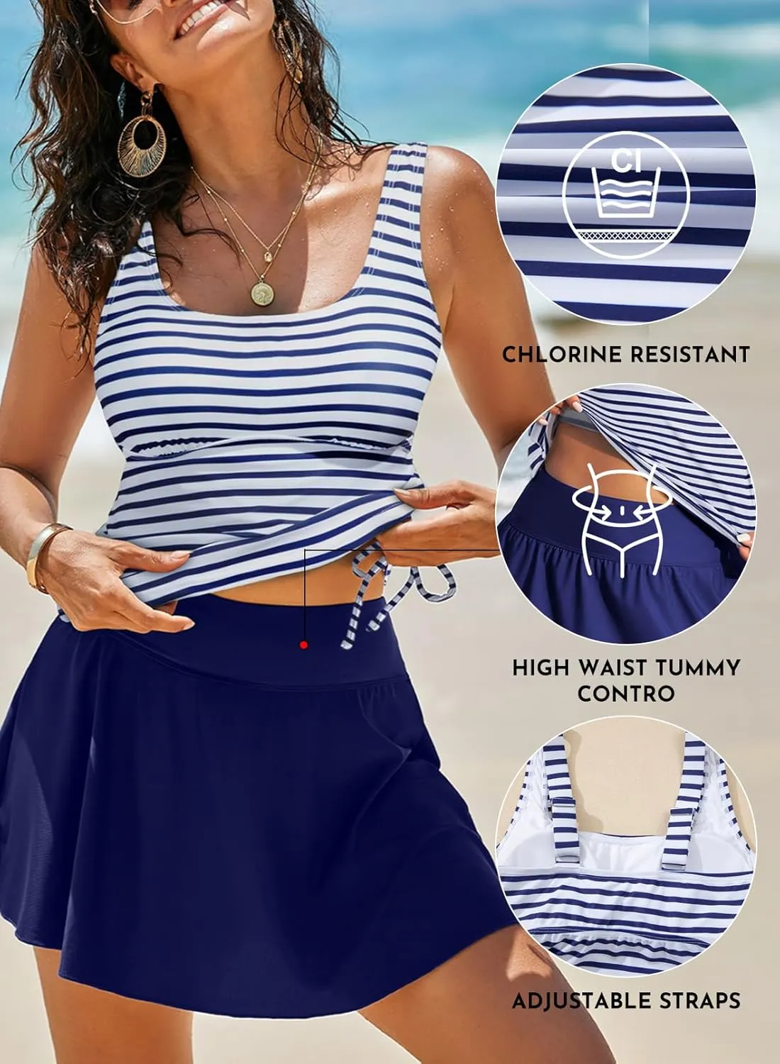 Aleumdr Tankini Swimsuits for Women Swim Dress Two Piece Bathing Suit Square Neck Drawstring Tankini Tops with Skirt