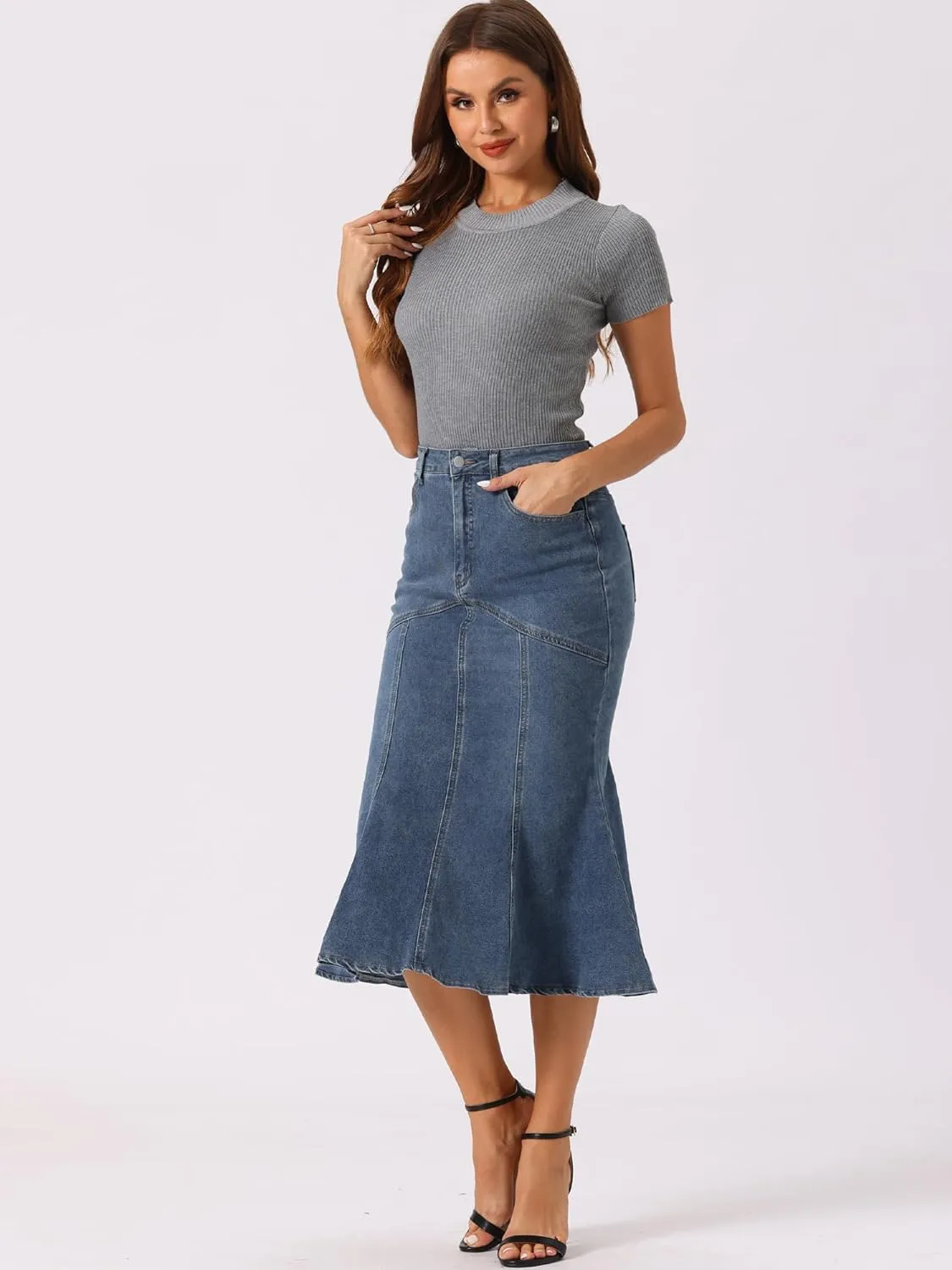 Allegra K Fishtail Denim Skirt for Women's Casual High Waisted Bodycon Midi Jean Skirts