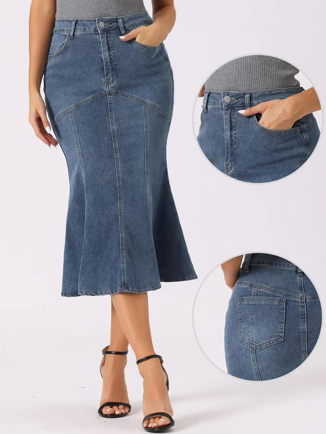 Allegra K Fishtail Denim Skirt for Women's Casual High Waisted Bodycon Midi Jean Skirts