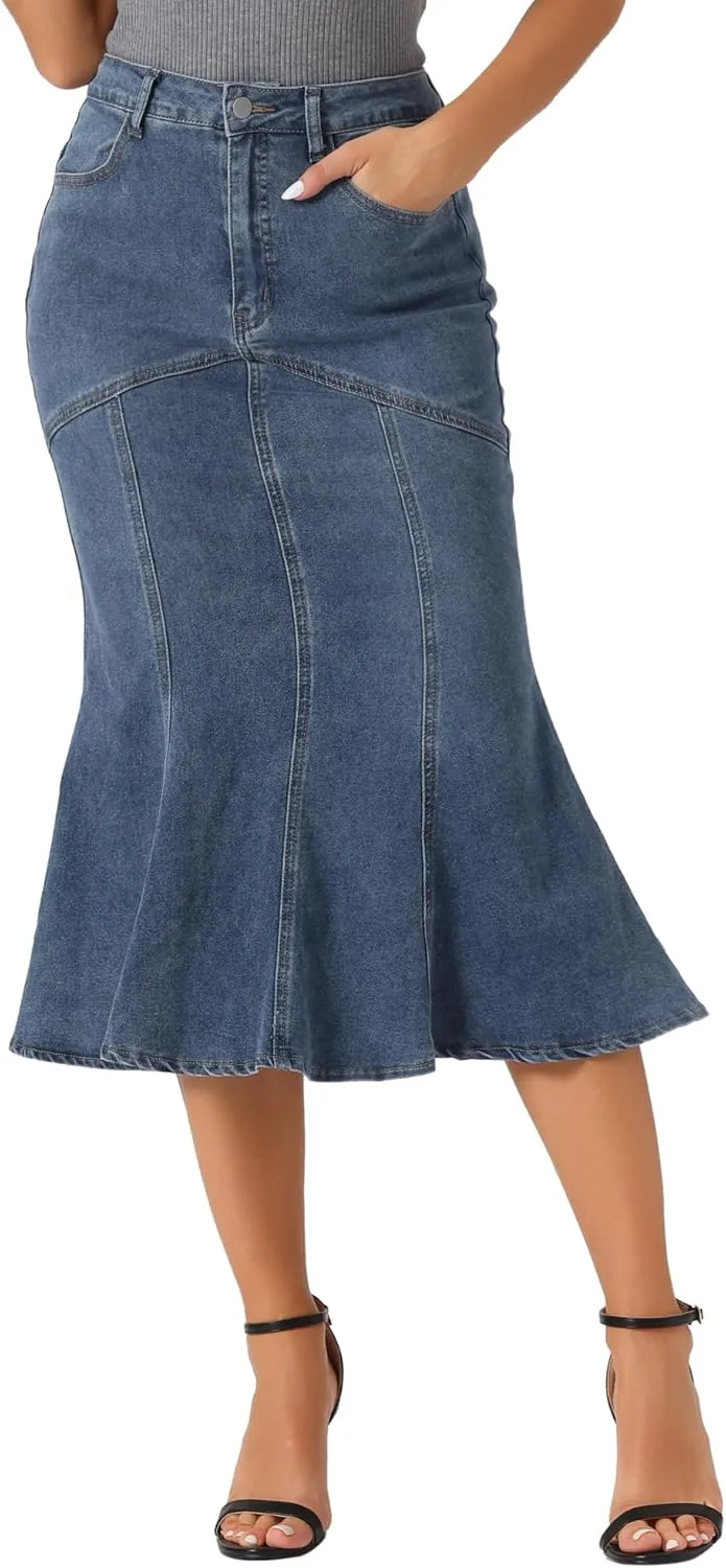 Allegra K Fishtail Denim Skirt for Women's Casual High Waisted Bodycon Midi Jean Skirts