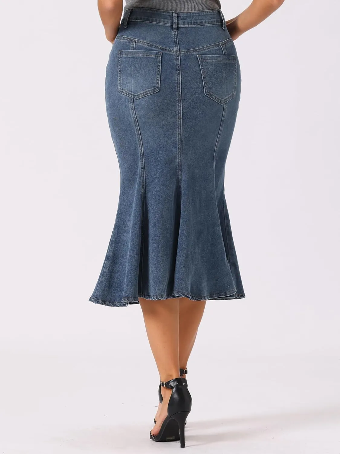 Allegra K Fishtail Denim Skirt for Women's Casual High Waisted Bodycon Midi Jean Skirts