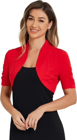 Allegra K Short Sleeve Shrugs for Women's Ruched Sleeve Open Front Cropped Bolero Cardigan
