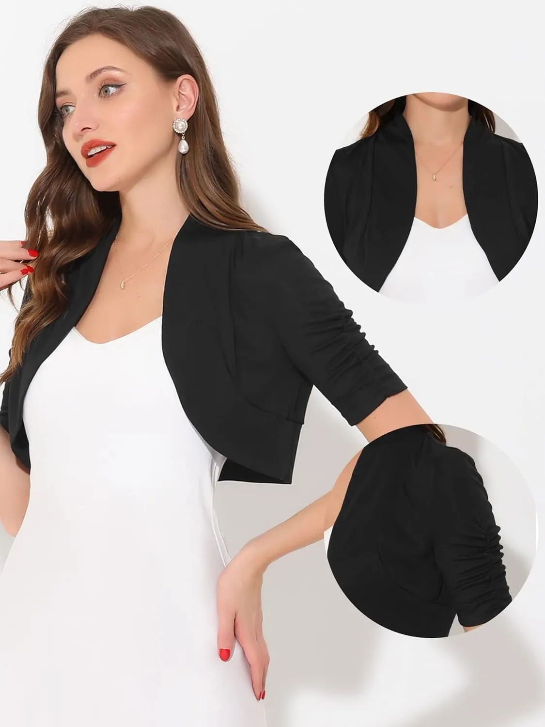 Allegra K Short Sleeve Shrugs for Women's Ruched Sleeve Open Front Cropped Bolero Cardigan