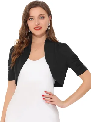 Allegra K Short Sleeve Shrugs for Women's Ruched Sleeve Open Front Cropped Bolero Cardigan