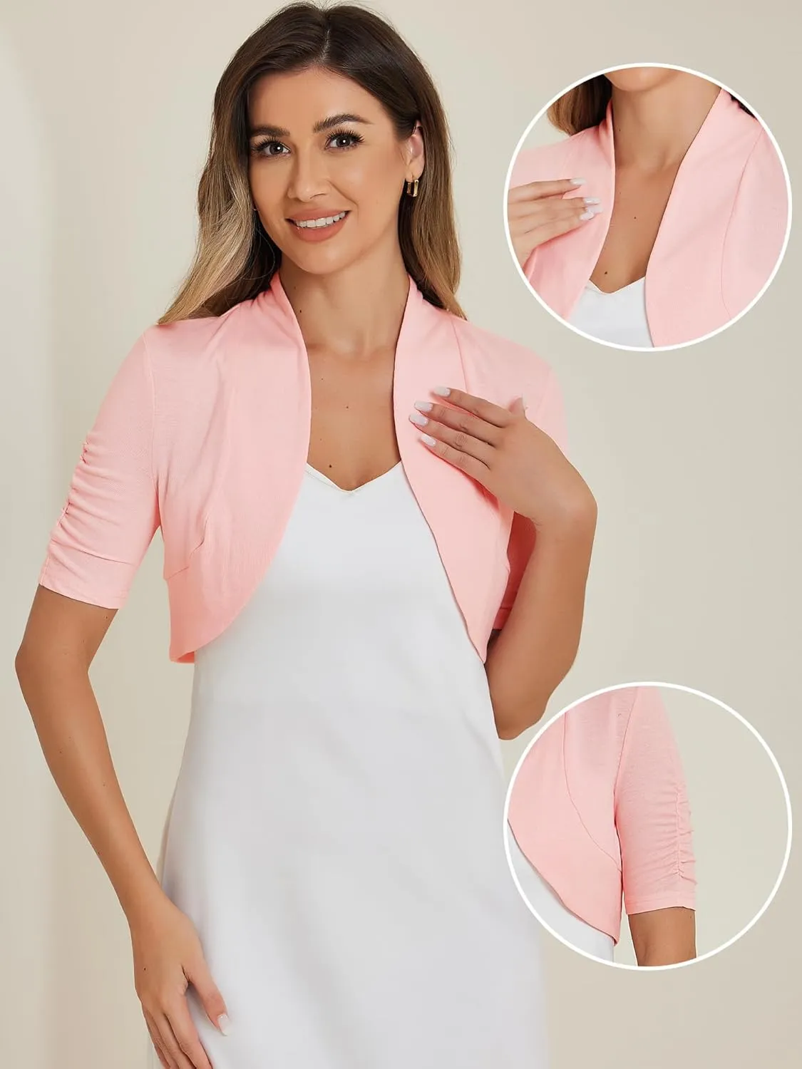 Allegra K Short Sleeve Shrugs for Women's Ruched Sleeve Open Front Cropped Bolero Cardigan