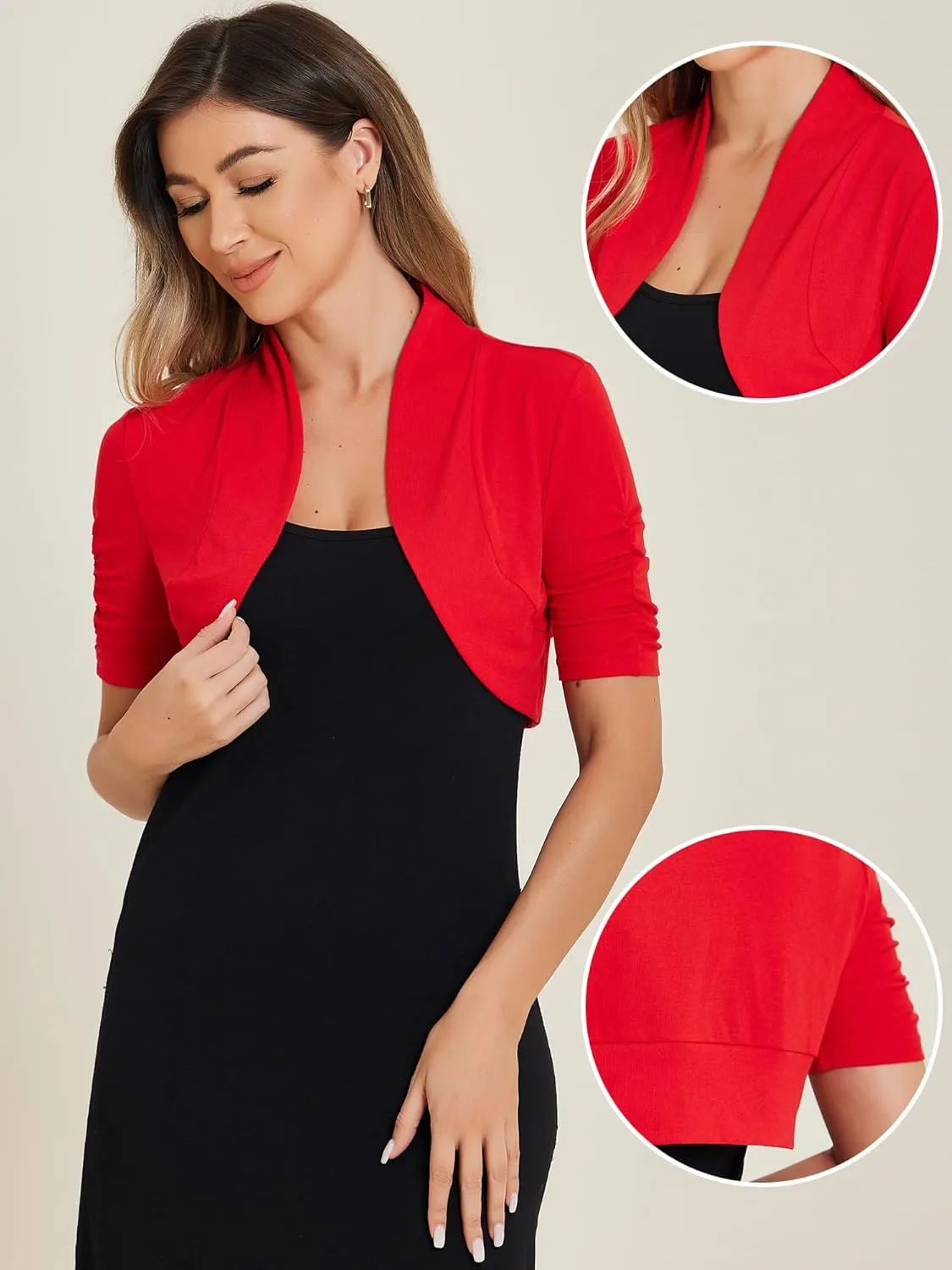 Allegra K Short Sleeve Shrugs for Women's Ruched Sleeve Open Front Cropped Bolero Cardigan