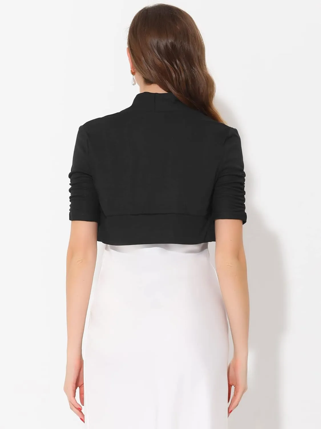 Allegra K Short Sleeve Shrugs for Women's Ruched Sleeve Open Front Cropped Bolero Cardigan