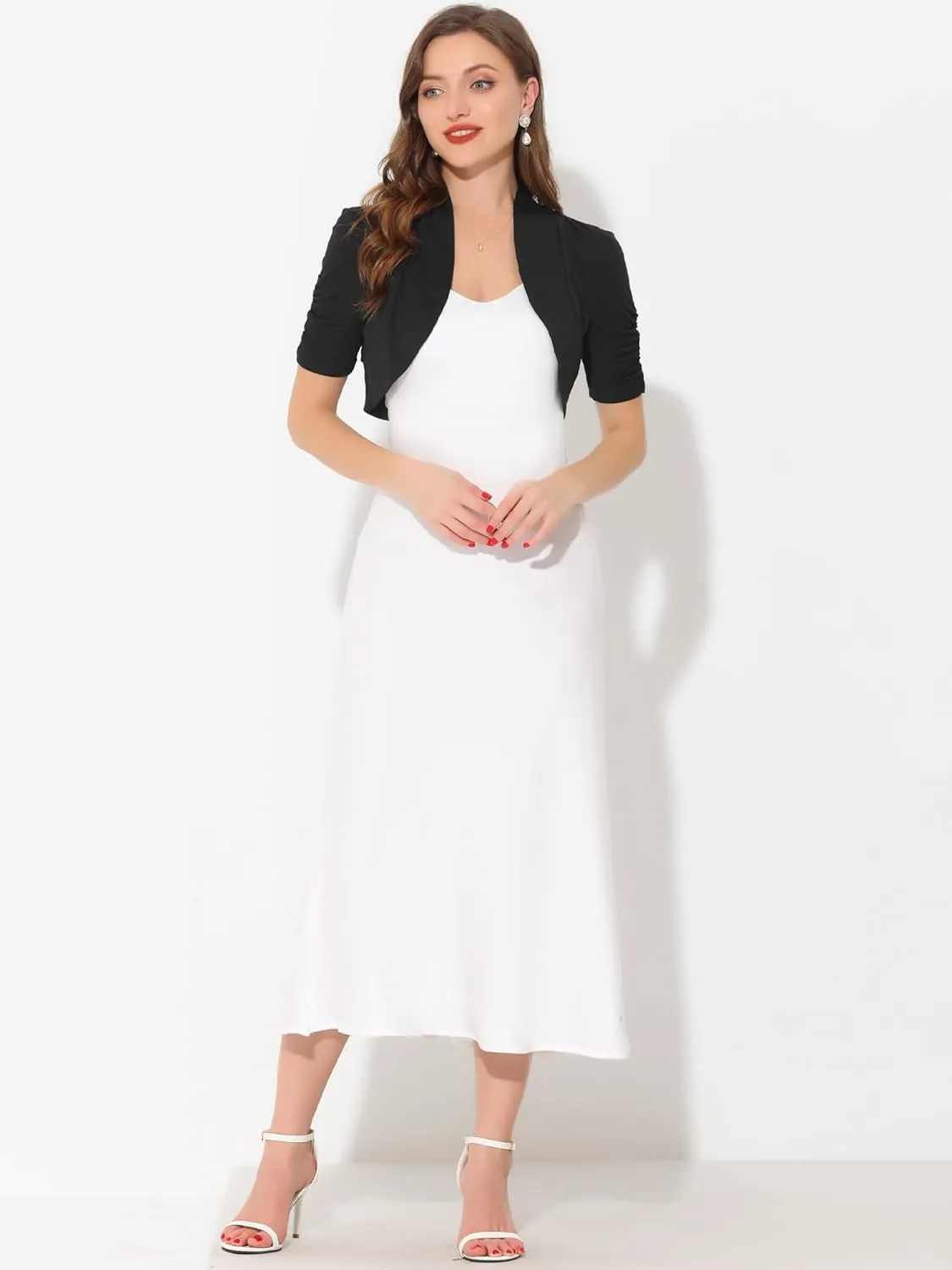 Allegra K Short Sleeve Shrugs for Women's Ruched Sleeve Open Front Cropped Bolero Cardigan