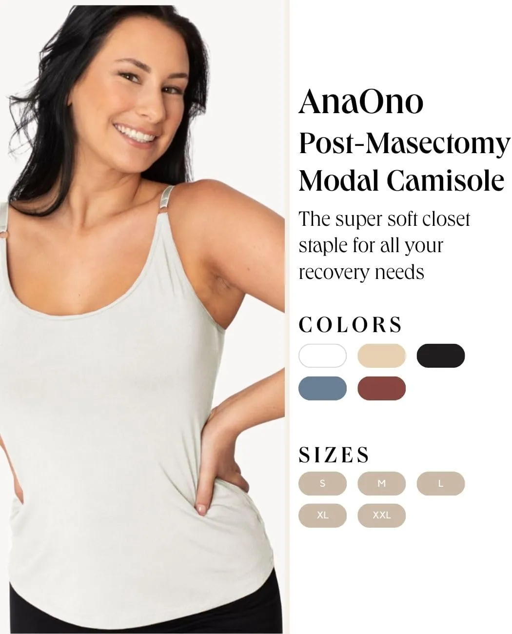 AnaOno Camisole with Pocketed Shelf Bra for Breast Forms - Pocketed Post Mastectomy Modal Camisole - Suitable for Everyday