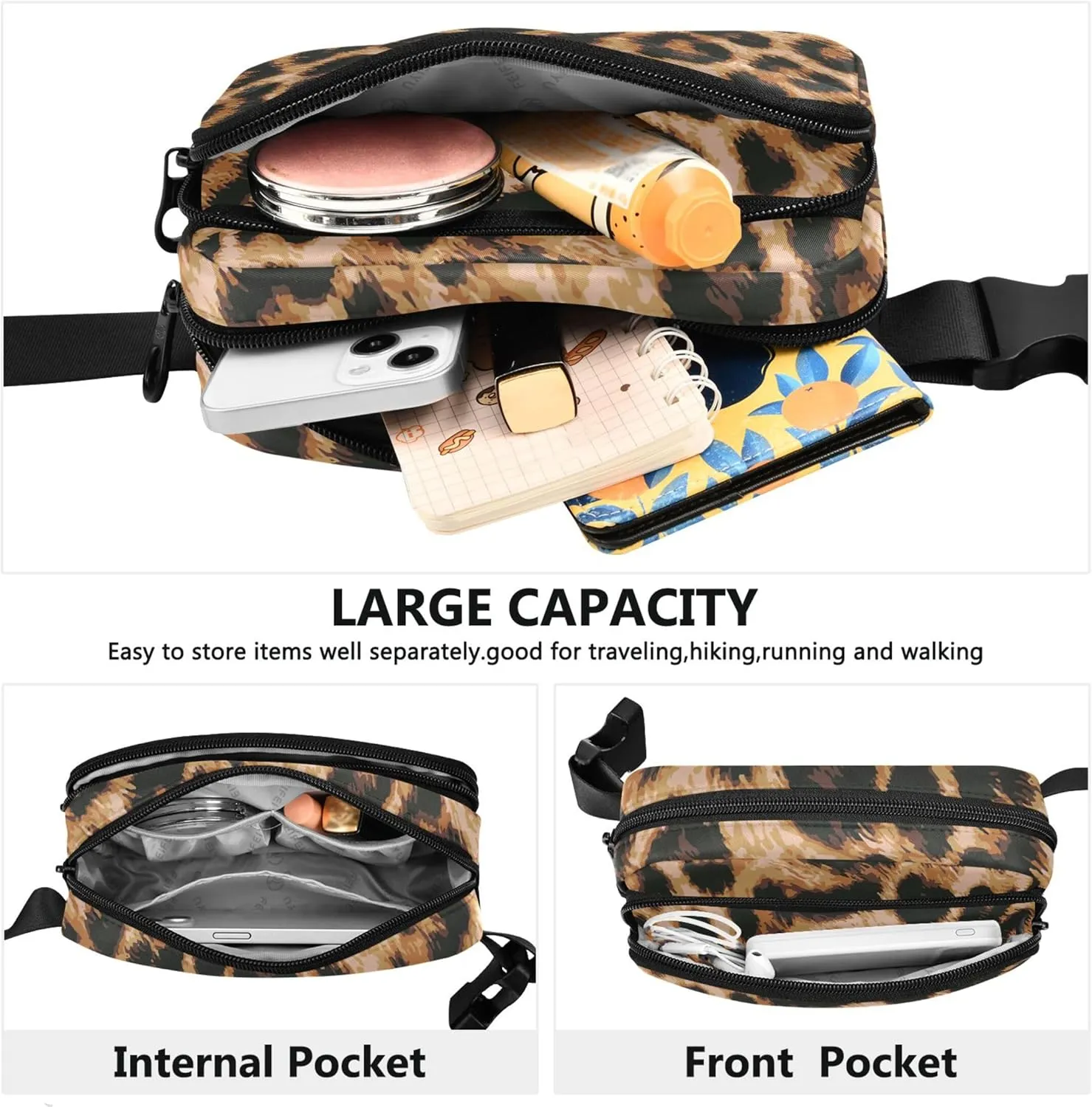 Animal Skin Leopard Design Fanny Packs for Women Hiking Hip Bag Belt Purse Waterproof Waist Purse for Women